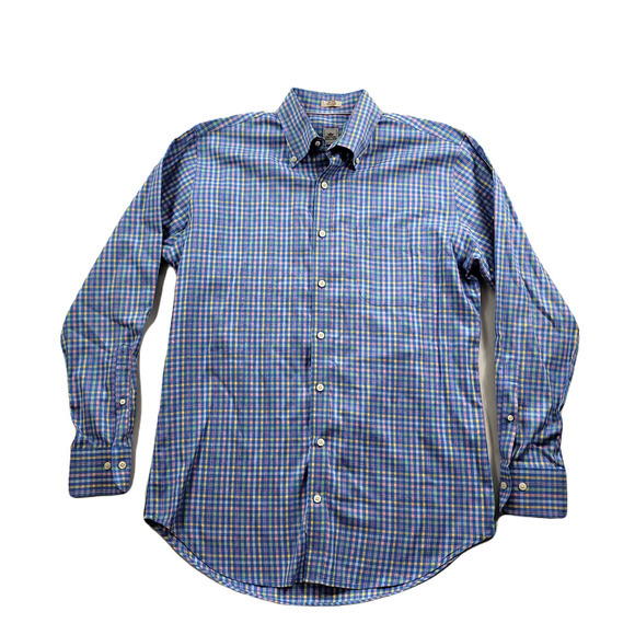 Peter Millar Nanoluxe Shirt Mens Medium Blue Check Plaid‎ Long Sleeve Button Up - Picture 1 of 8